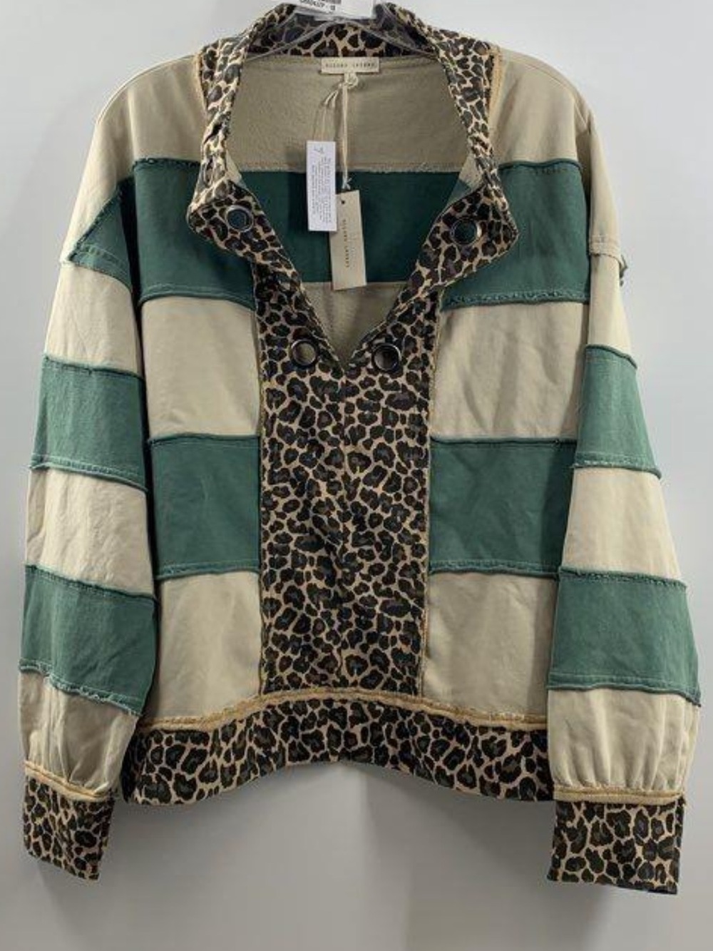 Leopard Trim Green and Cream Striped Pullover With Islets
